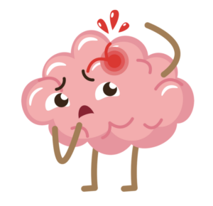 Cartoon image of a brain with a red spot showing a traumatic brain injury. The brain is frowning, looks concerned, and is reaching up with one arm toward the injured area.